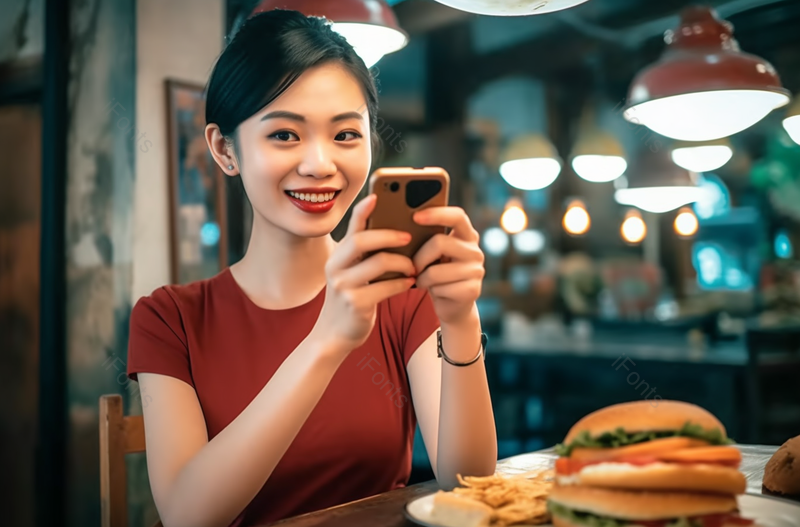 一名年轻城市白领在餐厅吃汉堡包使用手机通讯设备手机拍照实拍图,高清,摄影图,摄影图片,图片大全,摄影图免费下载